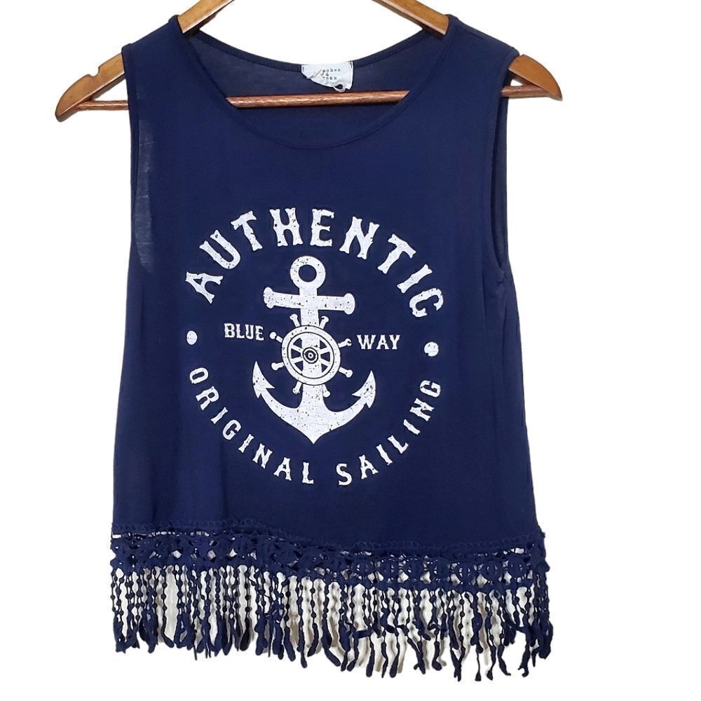 Peaches & Cream Navy Blue Sailing Cropped Fringe Shirt Size Medium